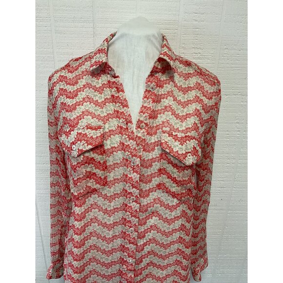 The Kooples Sheer Red & White Floral Print Silk Button-Up Shirt Size S - Picture 3 of 5